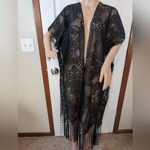 NWT Arianna By Howard's Black Lace W/Long Fringe Vest O/S